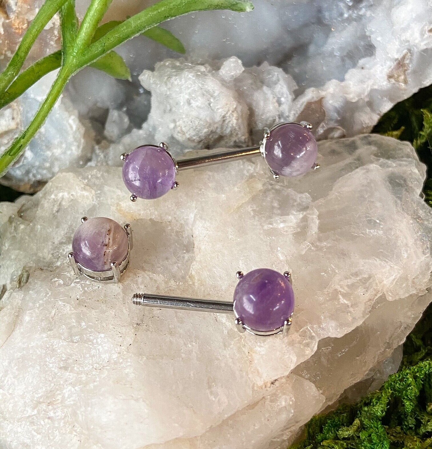 PAIR Prong Set Semi Precious Stone Nipple Rings Shields Surgical Steel Barbells