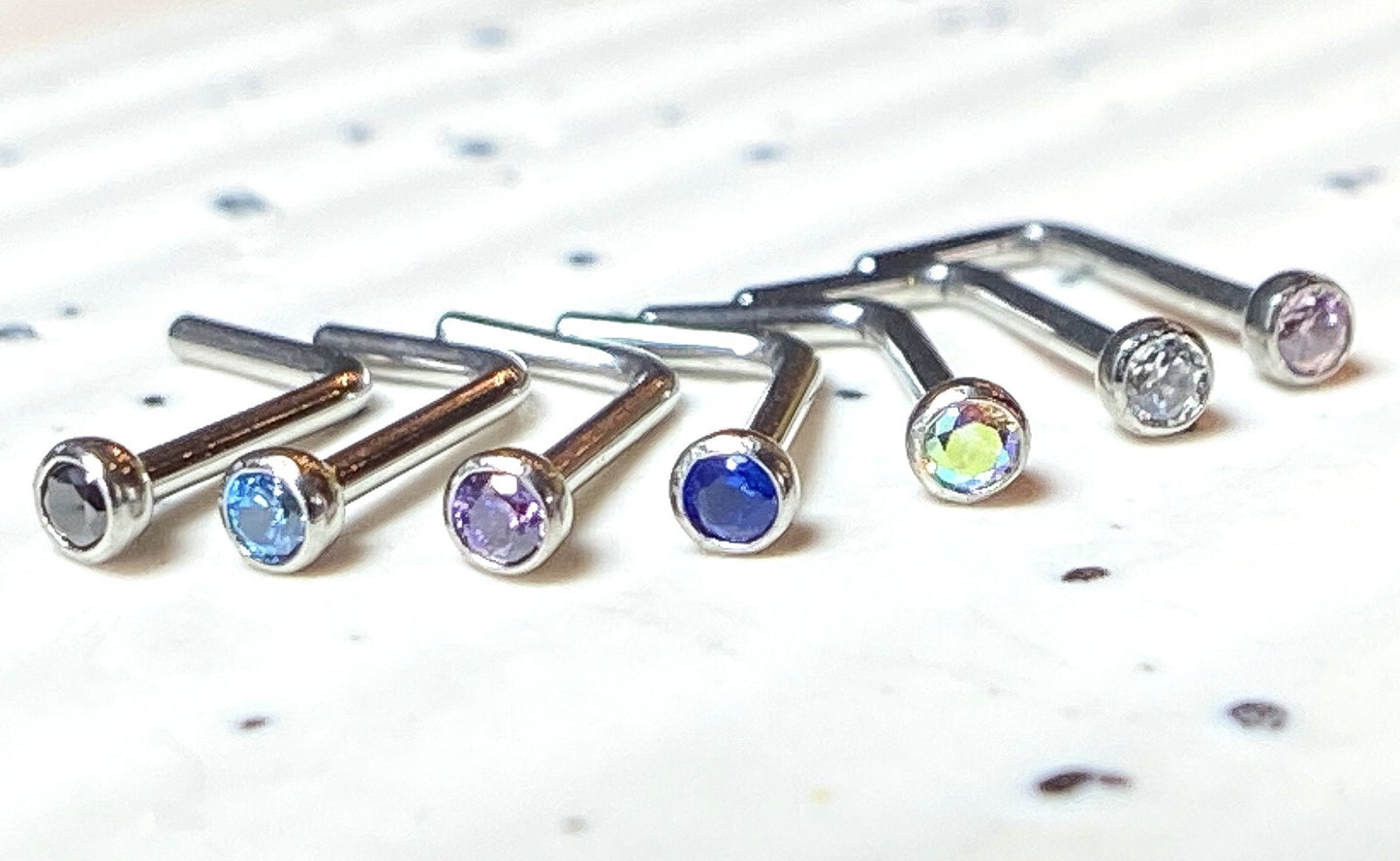 7pc Value Pack Press Fit Gem Surgical Steel L-Bend Nose Rings- choose 18g or 20g