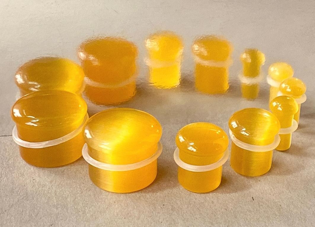 PAIR Yellow Cat Eye Stone Plugs Single Flare Tunnels Earlets Gauges Body Jewelry