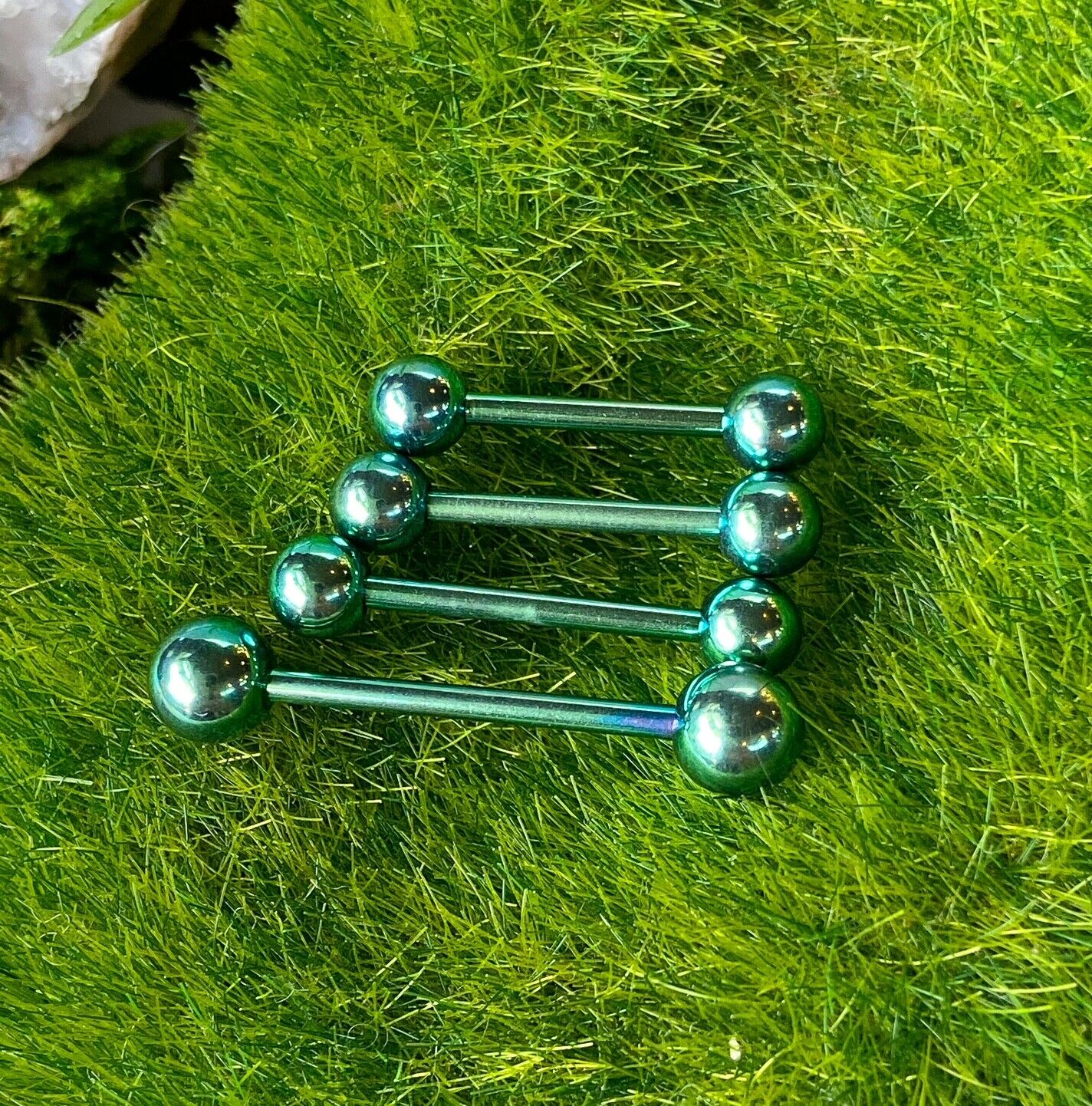 PAIR Green Titanium Nipple Barbells Tongue Rings 14g - choose your length