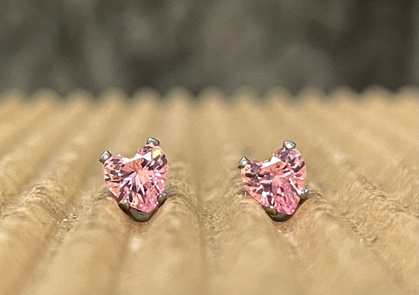 PAIR Heart CZ Gem Stud Earrings 316L Surgical Steel, choose color & gem size