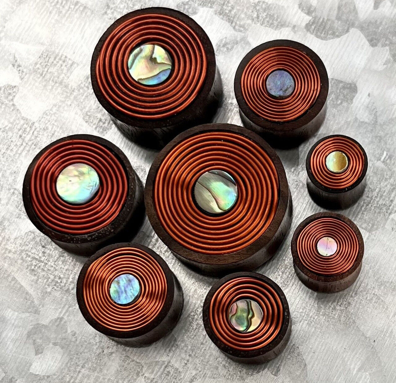PAIR Sono Wood Plugs w/ Mother of Pearl Inlay & Copper Coil Earlets Gauges