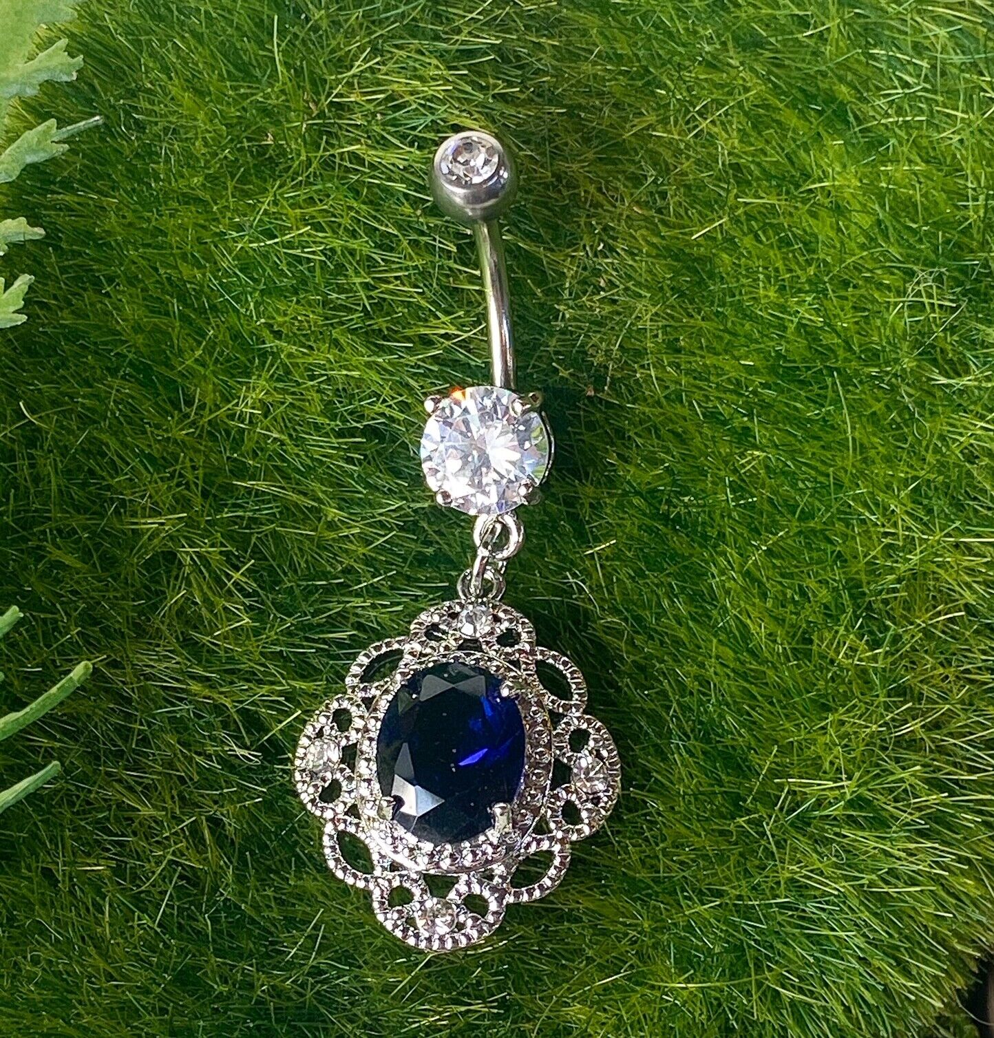 1pc Oval CZ Centered Tribal Floral Design Dangle Pierced Belly Navel Ring