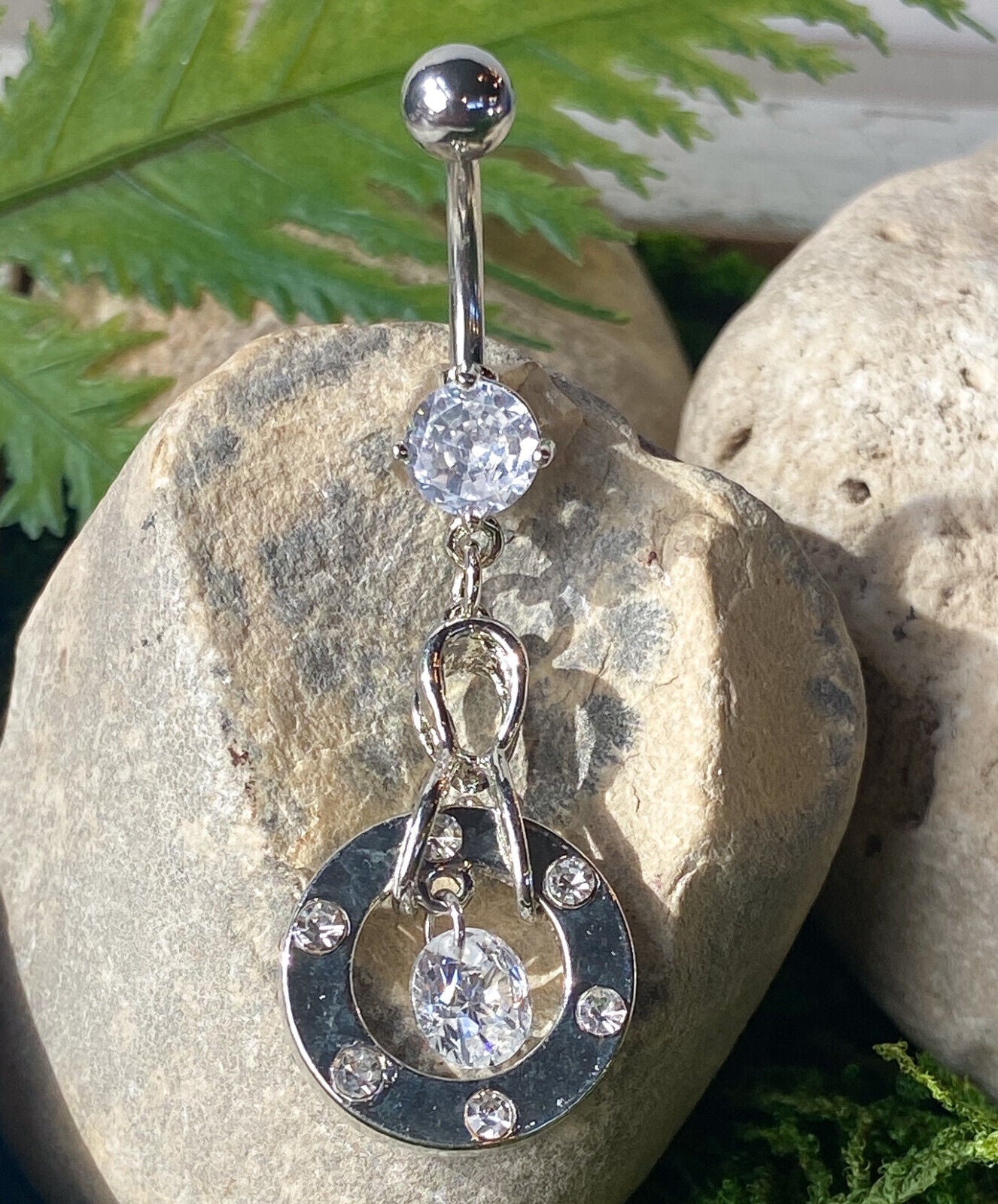 Circle Center Round CZ Gem Belly Ring Navel Piercing Pierced Naval