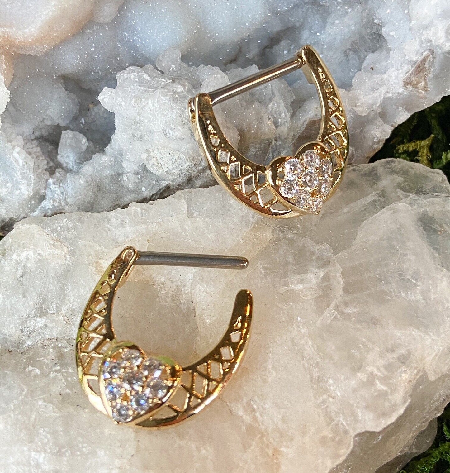 PAIR CZ Paved Heart Center Nipple Clickers Shields Rings Body Piercing Jewelry