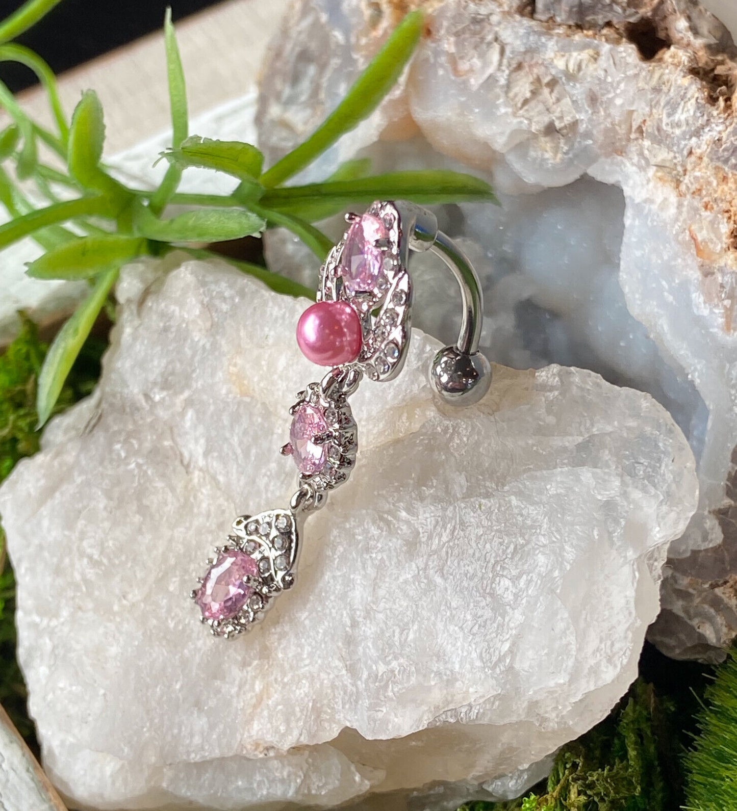 Reverse Pink Pearl & Clear CZ Gem Belly Ring Pierced Navel Naval 14g Jewelry