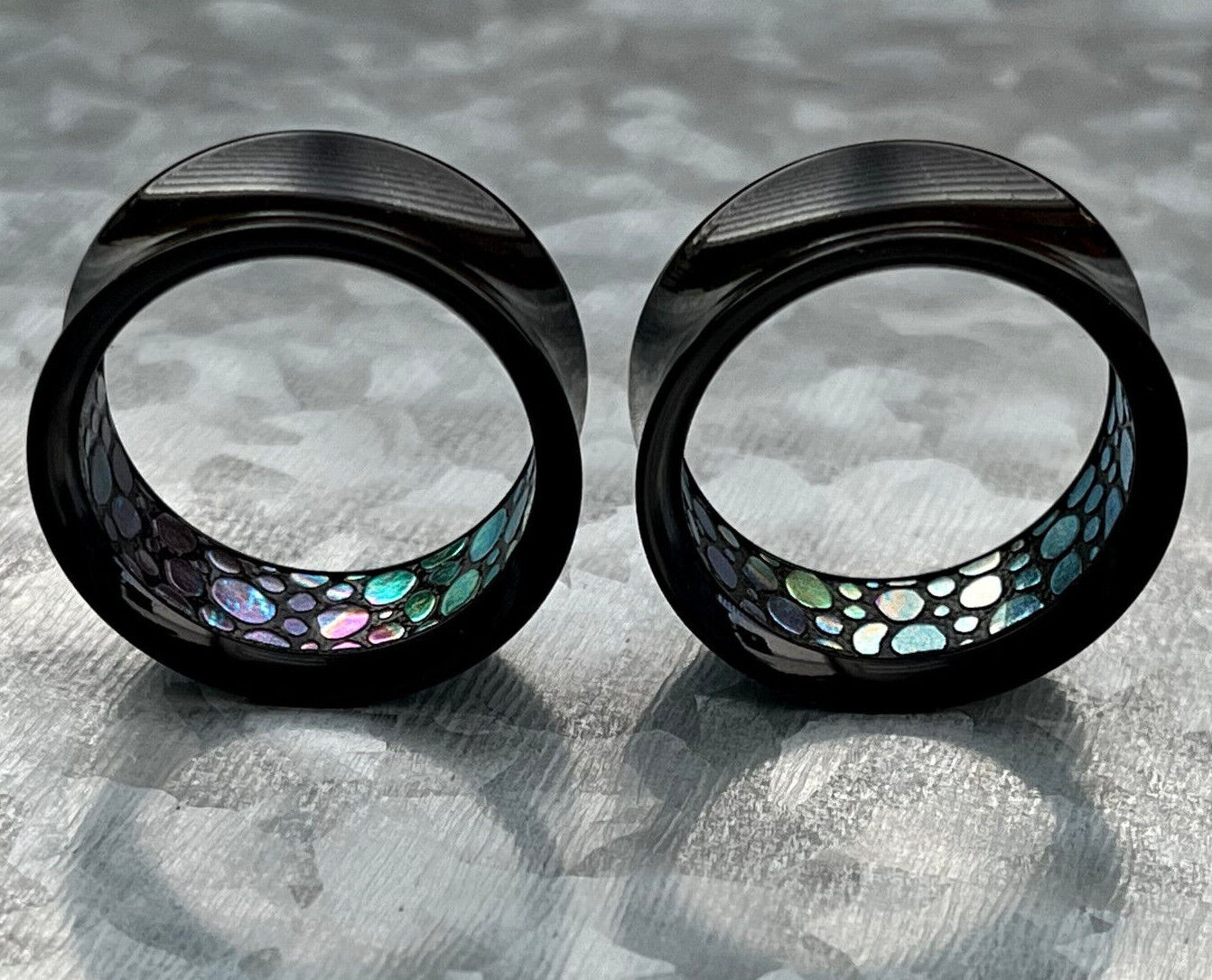 PAIR Inner Abalone-Look Pattern Inlaid Black Acrylic Saddle Tunnels Plugs Gauges