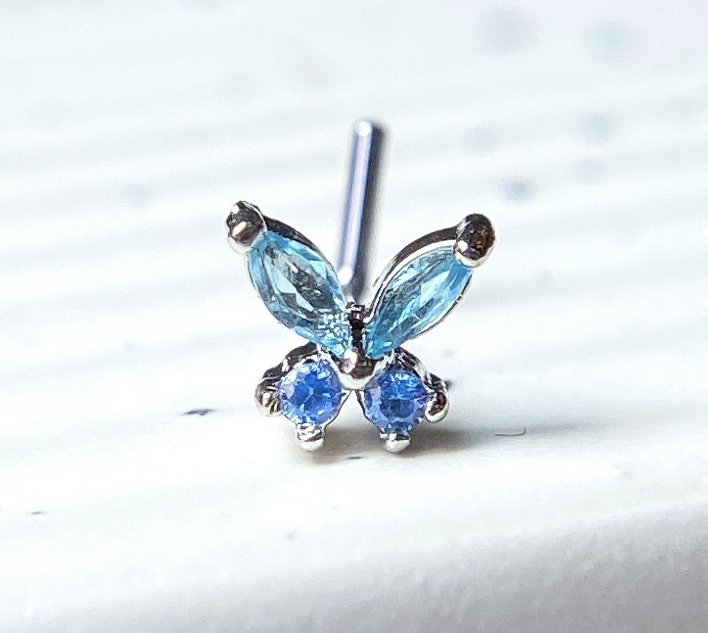 1pc CZ Gem Butterfly L-Bend 20g Nose Ring Stud Screw 316L Surgical Steel