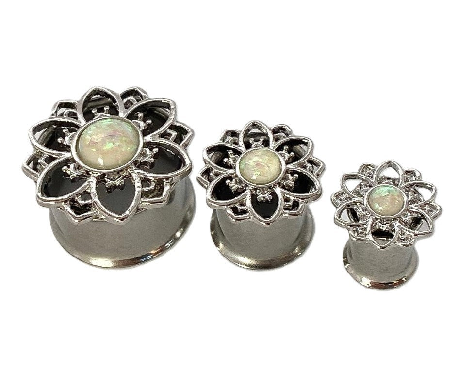 PAIR Flower w/ Opal Center Double Flare Steel Tunnels Plugs Gauges Body Jewelry