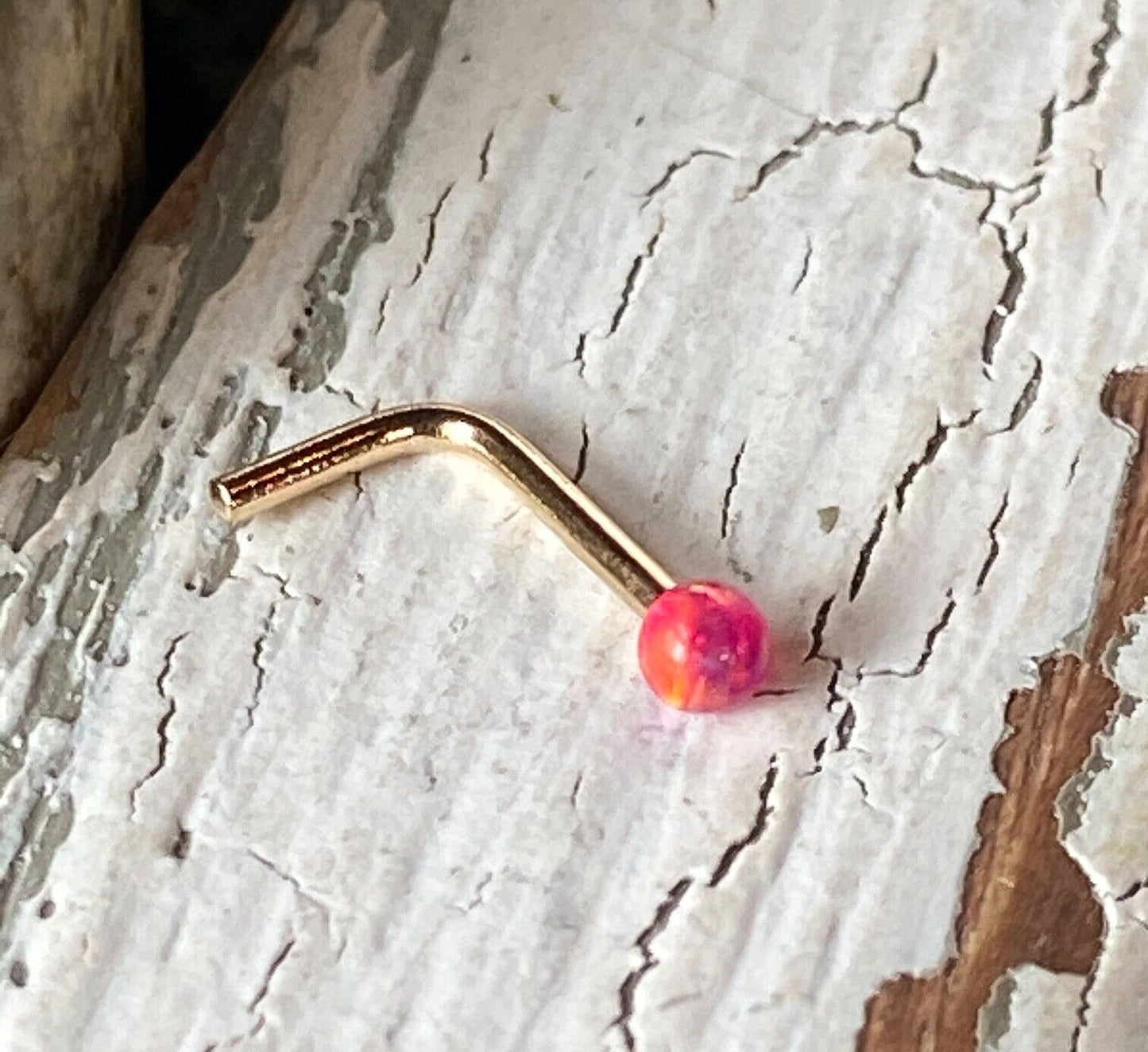 1pc 14kt Yellow Gold 20g Opal Ball L-Bend Nose Ring Nostril Piercing Stud Screw