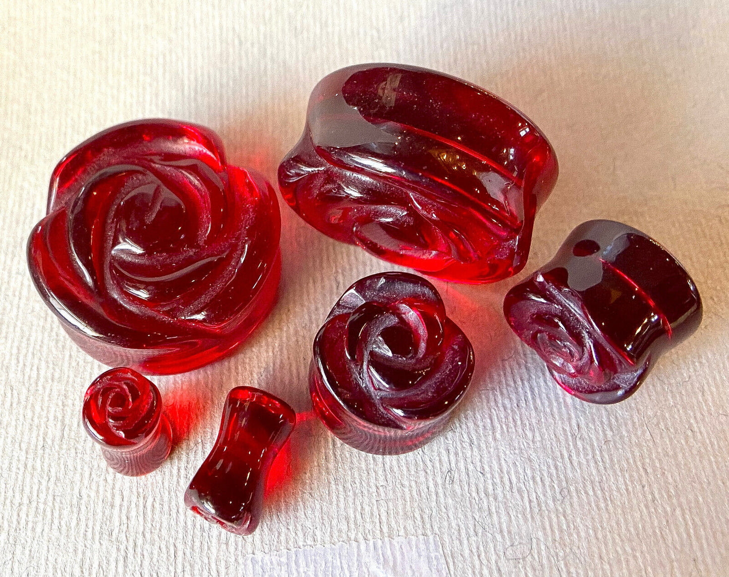 PAIR Carved Rose Flower Red Glass Double Flare Plugs Gauges Tunnels Jewelry