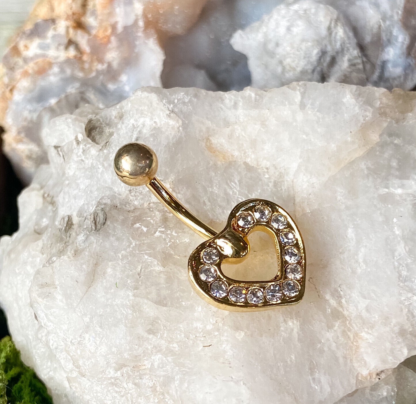 Gold Heart Paved CZ Gem Belly Ring Navel Piercing Pierced Naval Body Jewelry