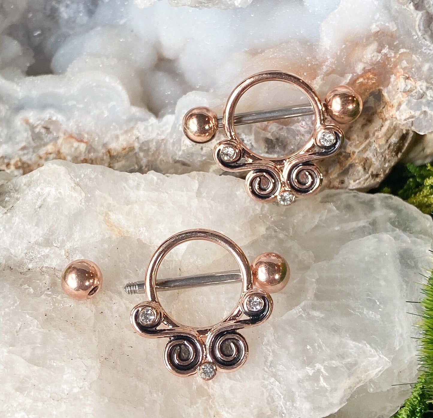 PAIR Lace Swirls w/Gems 316L Surgical Steel Nipple Shields Rings Body Jewelry