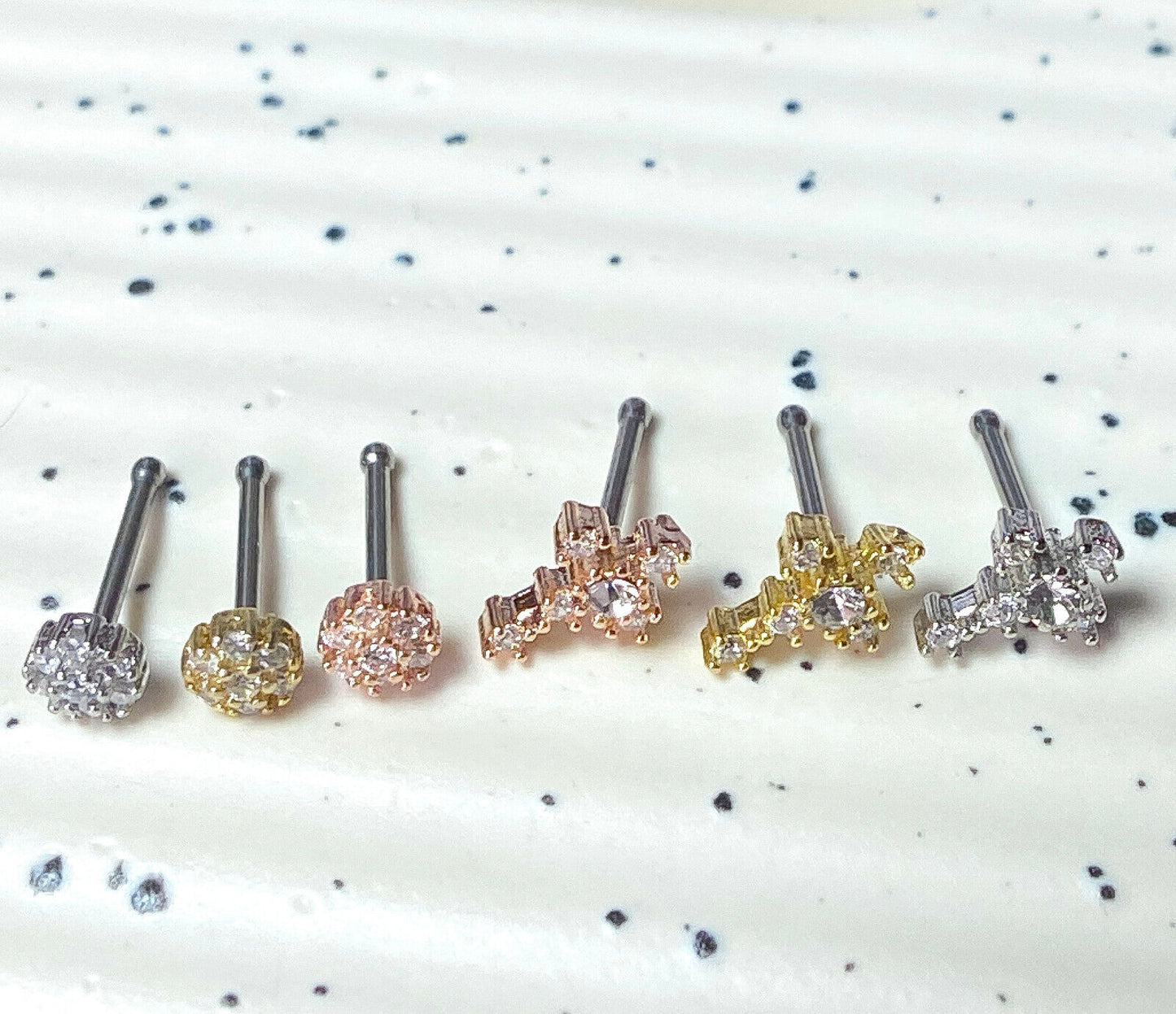 6pcs Cross & Circle Flower CZ Gem Nose Stud Bone Rings 20g Steel Box Value Pack