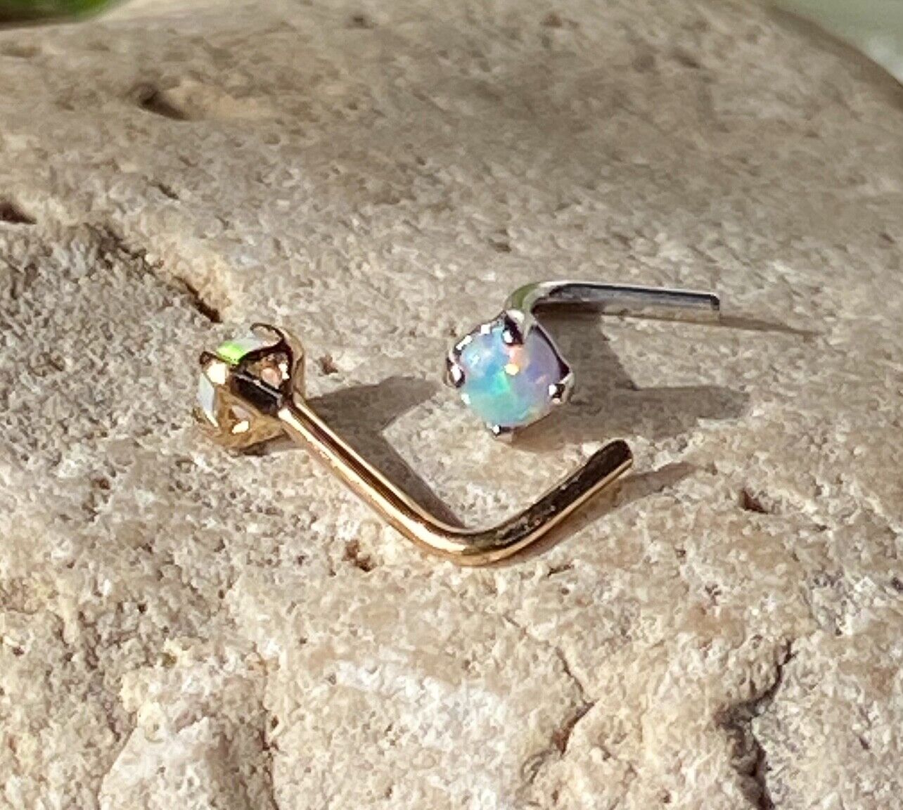 1pc 14kt Yellow or White Gold Opal L-Bend Nose Ring 20g Nostril Body Jewelry