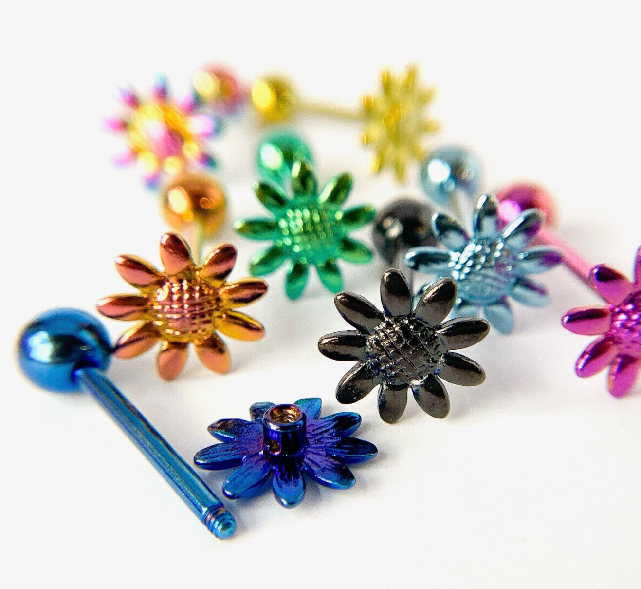 1pc Daisy Design Tongue Ring Titanium Anodized 14g Tounge Barbell Body Jewelry