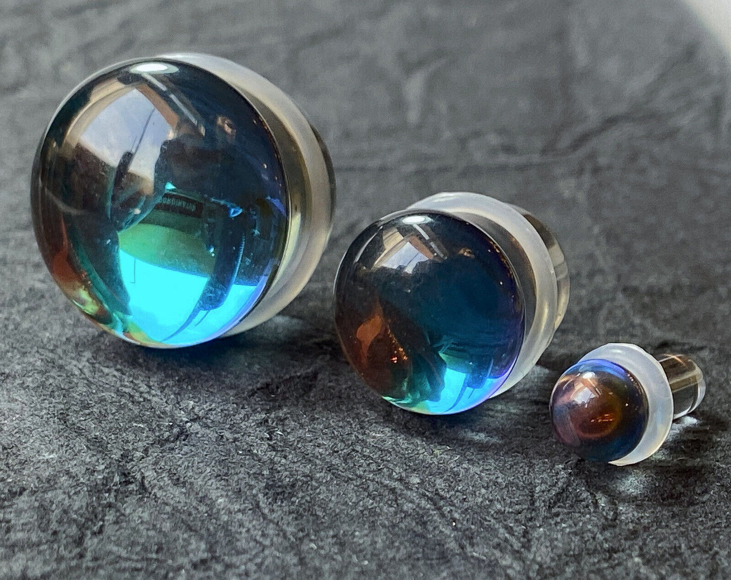 PAIR of Midnight Moonstone Glass Single Flare Plugs Tunnels Gauges Piercing Body Jewelry