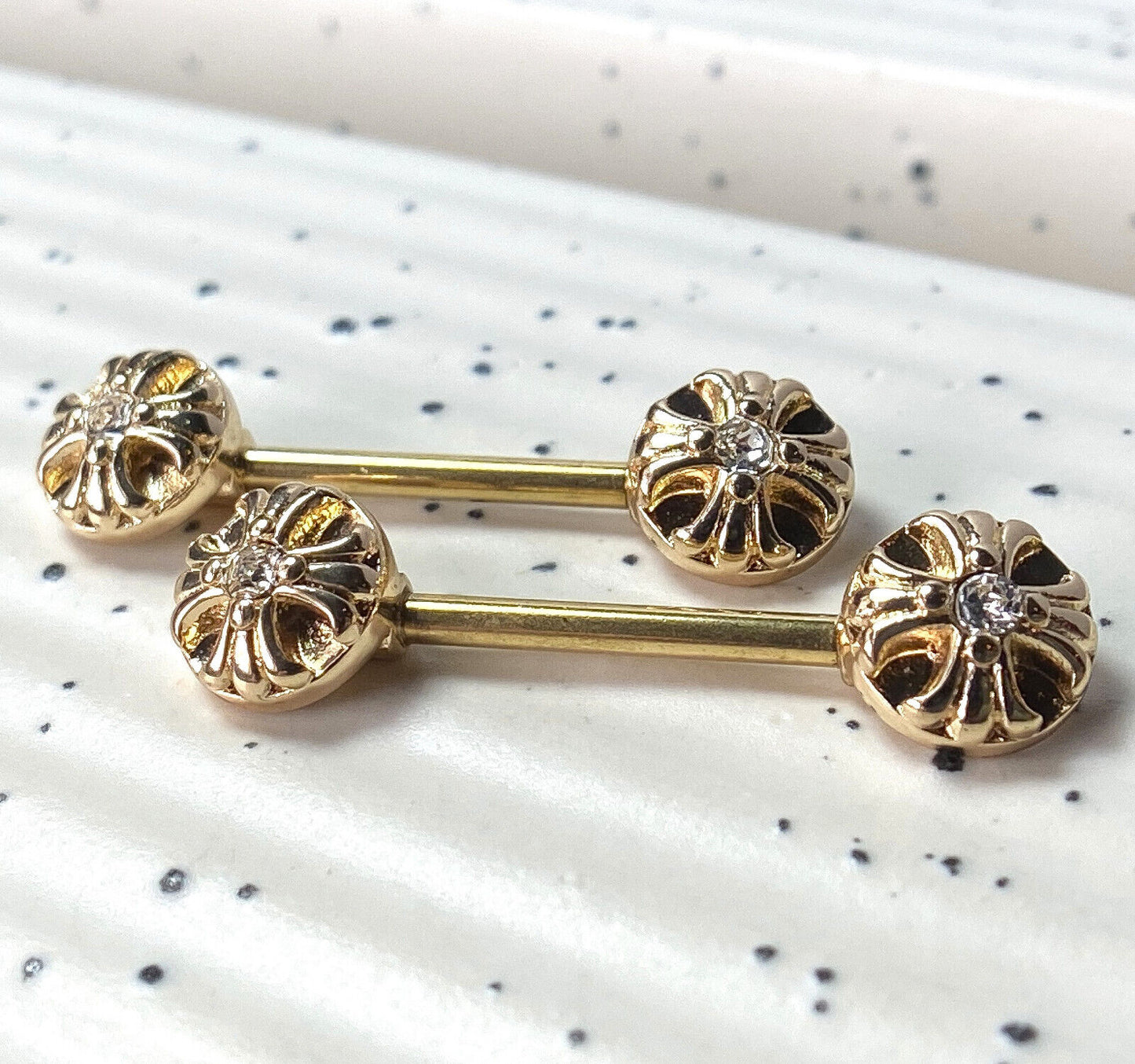 PAIR Celtic Cross CZ Gem 14g Nipple Ring Barbells Shields Body Piercing Jewelry