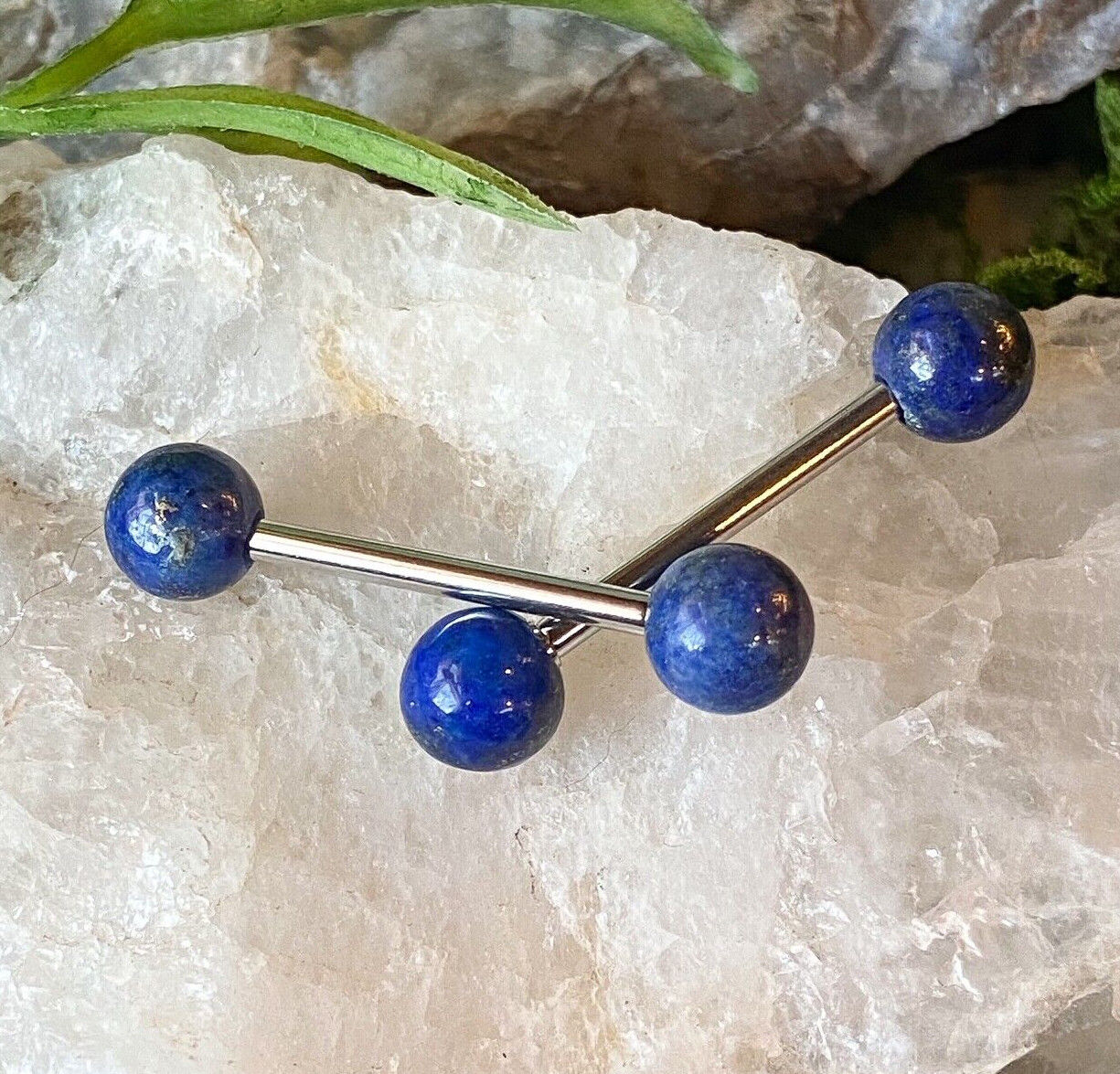 PAIR Natural Stone Nipple or Tongue Rings 14g Barbells 316L Steel Body Jewelry - Available Only In Black Agate