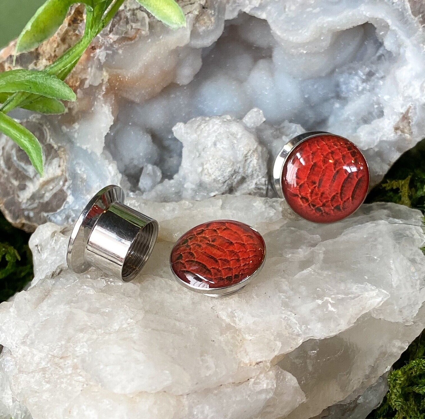 PAIR Steel Crimson Viper Snake Skin Logo Stash Plugs Gauges Earlets Body Jewelry