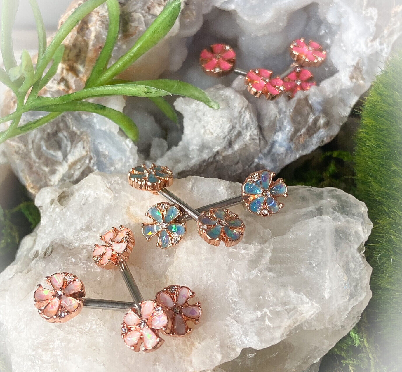 PAIR Opal Glitter Flower Petals Nipple Rings Rose Gold Shields Barbells