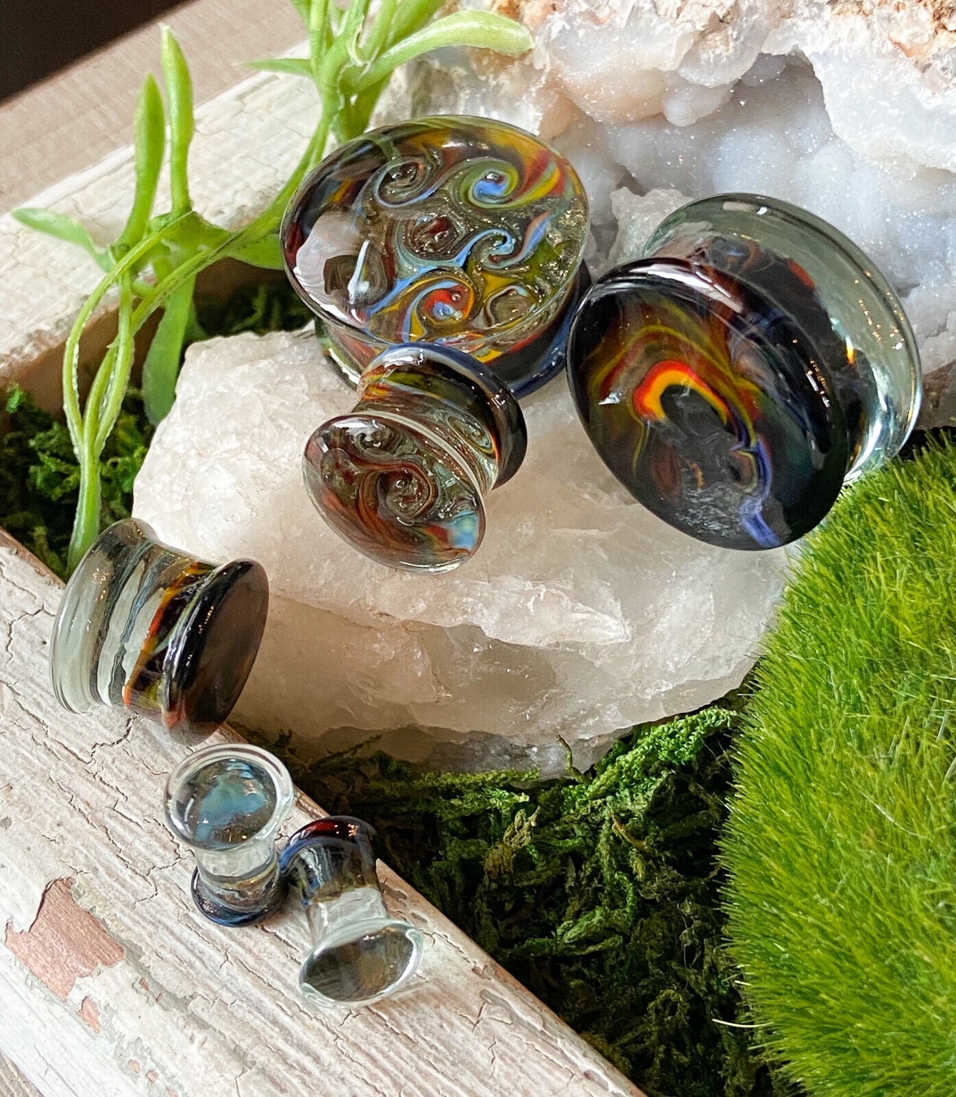 PAIR Rainbow Sparkle Swirls Design Pyrex Glass Plugs Gauges Body Jewelry