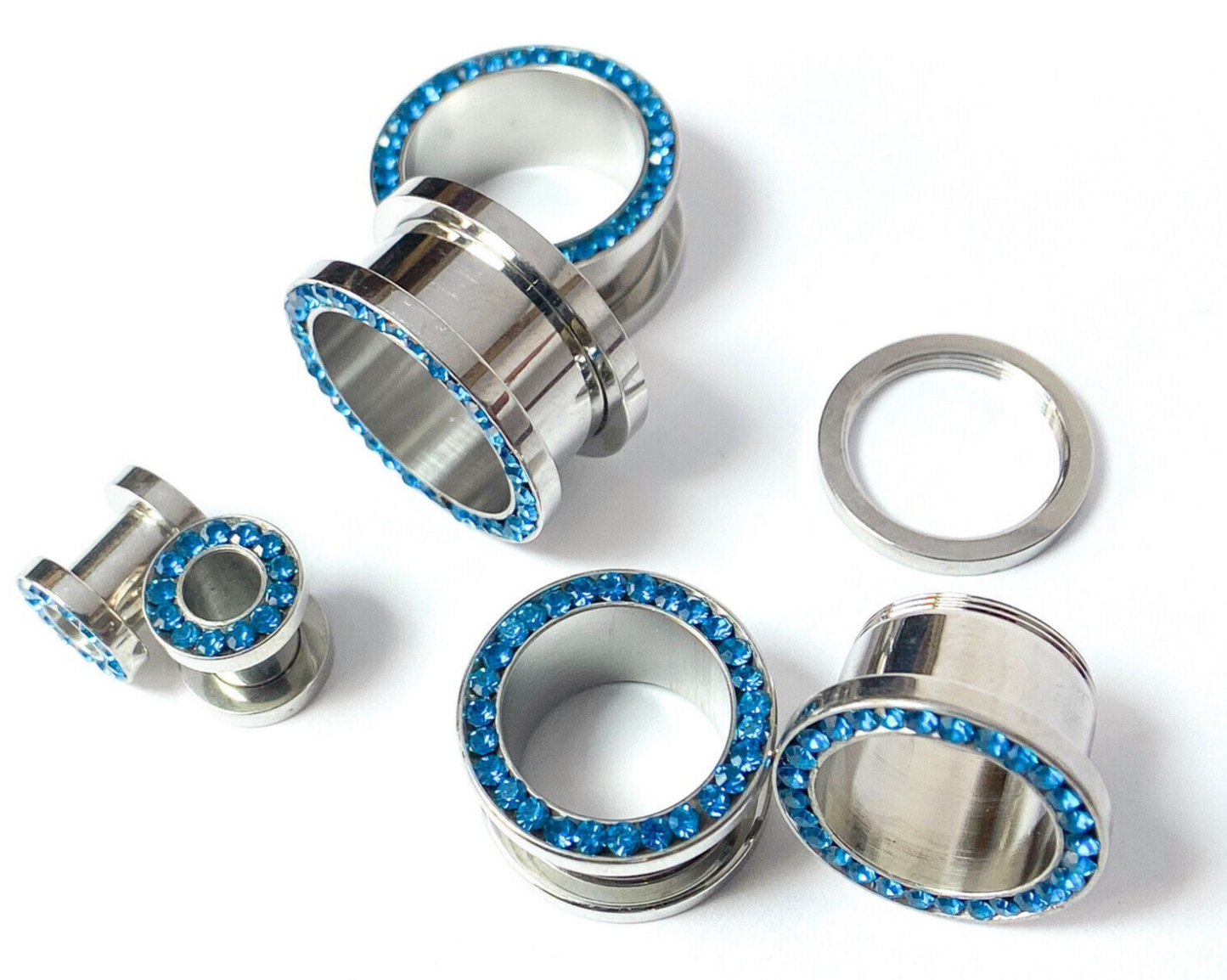 PAIR Sapphire Blue Gem Rimmed 316L Surgical Steel Screw Fit Tunnels Plugs Gauges