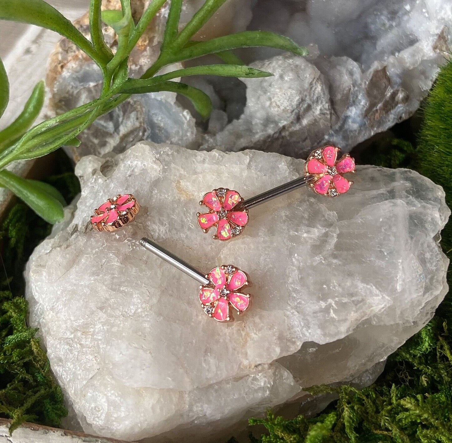 PAIR Opal Glitter Flower Petals Nipple Rings Rose Gold Shields Barbells
