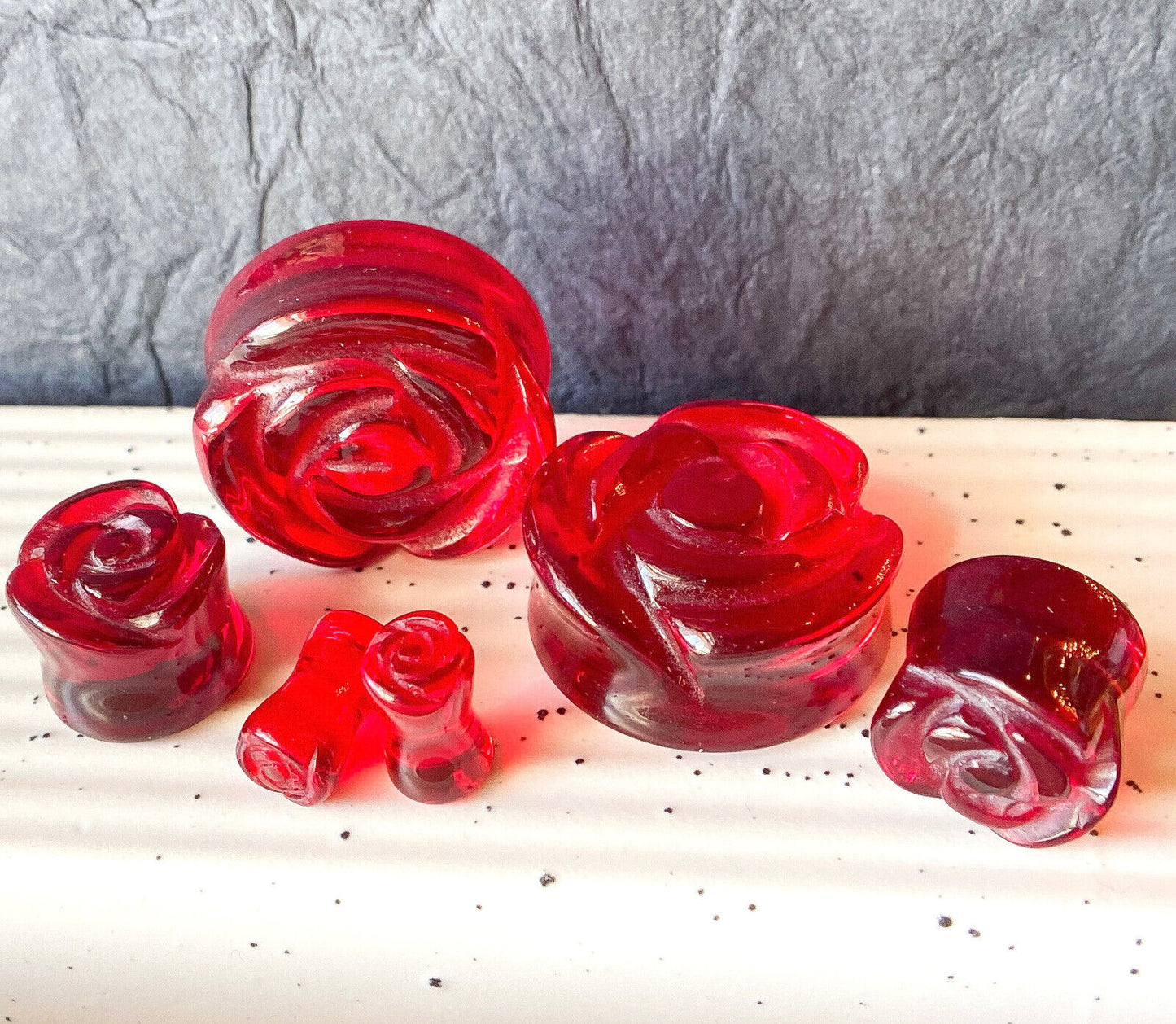 PAIR Carved Rose Flower Red Glass Double Flare Plugs Gauges Tunnels Jewelry