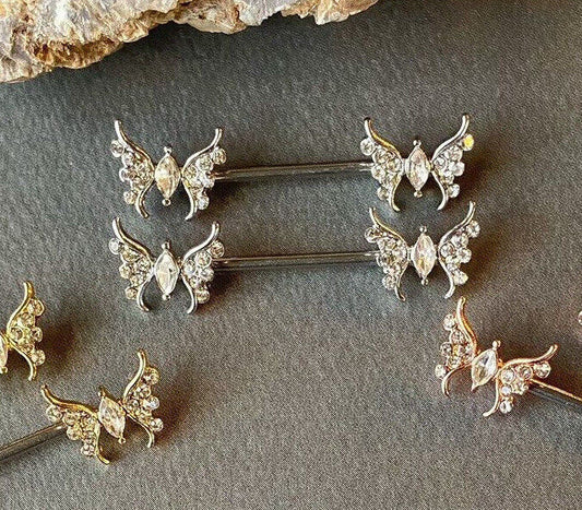 PAIR CZ Gem Paved Butterfly Nipple Rings Shields Steel Barbells Piercing Jewelry