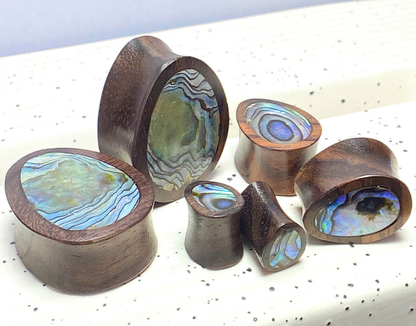 PAIR Abalone Shell Teardrop Sono Wood Saddle Plugs Organic Gauges Tear Drop