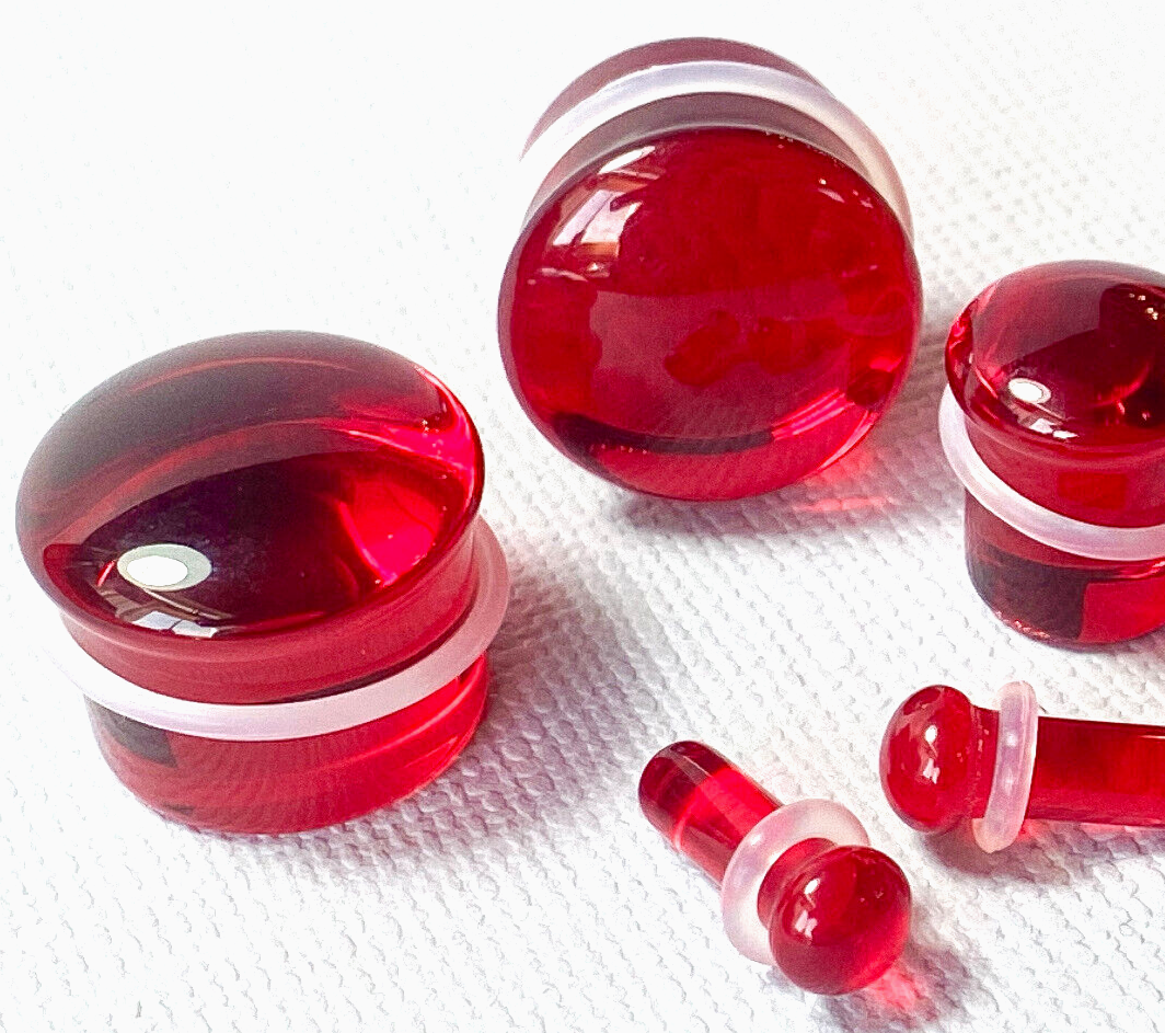 PAIR Red Glass Single Flare Plugs Gauges Tunnels Earlets Body Piercing Jewelry