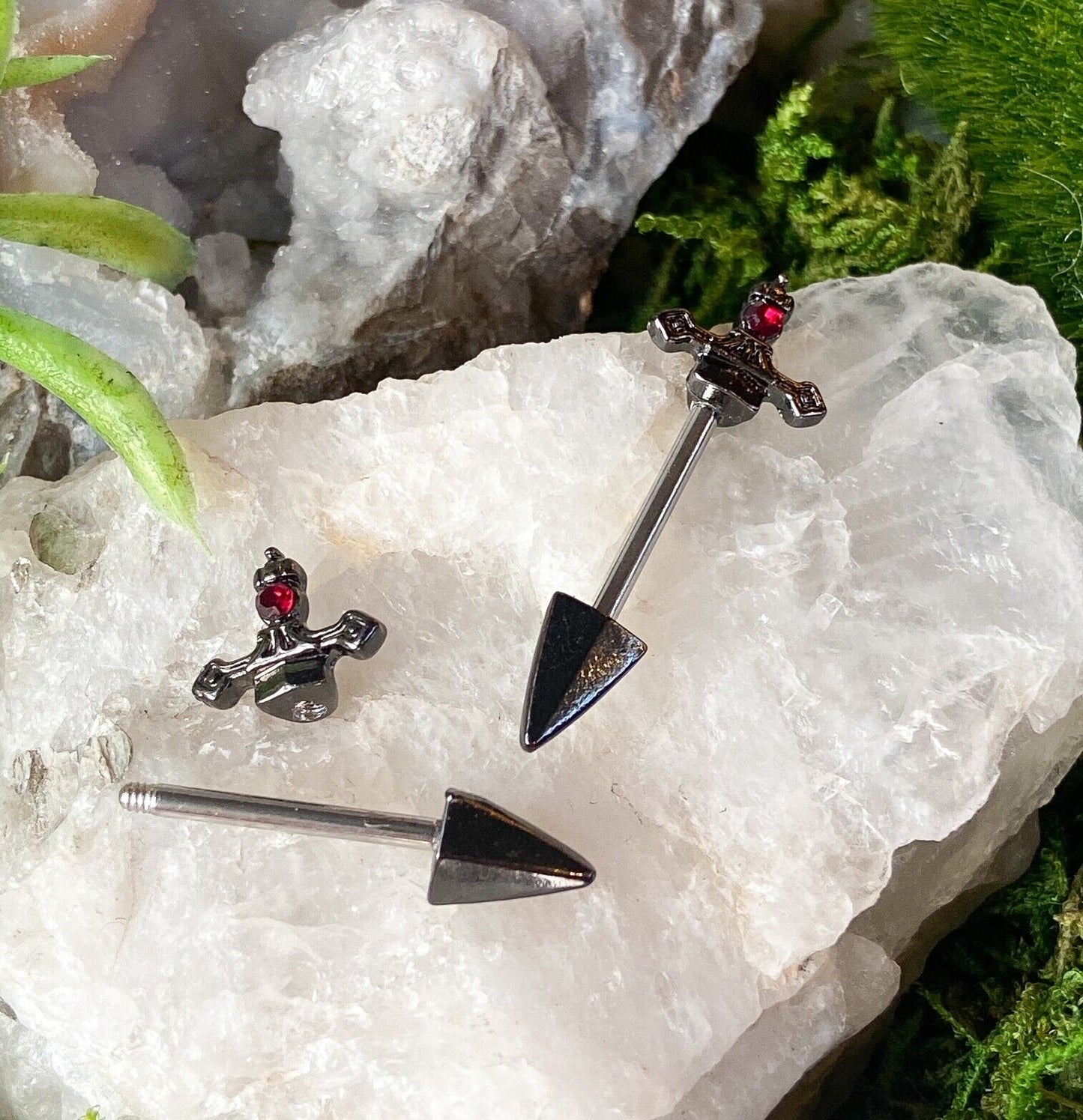 PAIR Red Gem Dagger Nipple Rings Shield Steel Barbells Body Piercing Jewelry