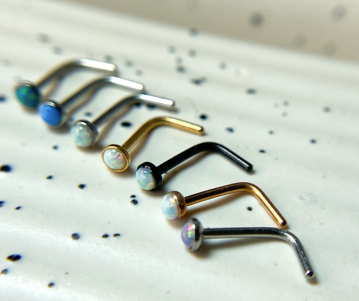 7pc Box Set Opal Gem 20g Steel L-Bend Nose Rings Stud Screw