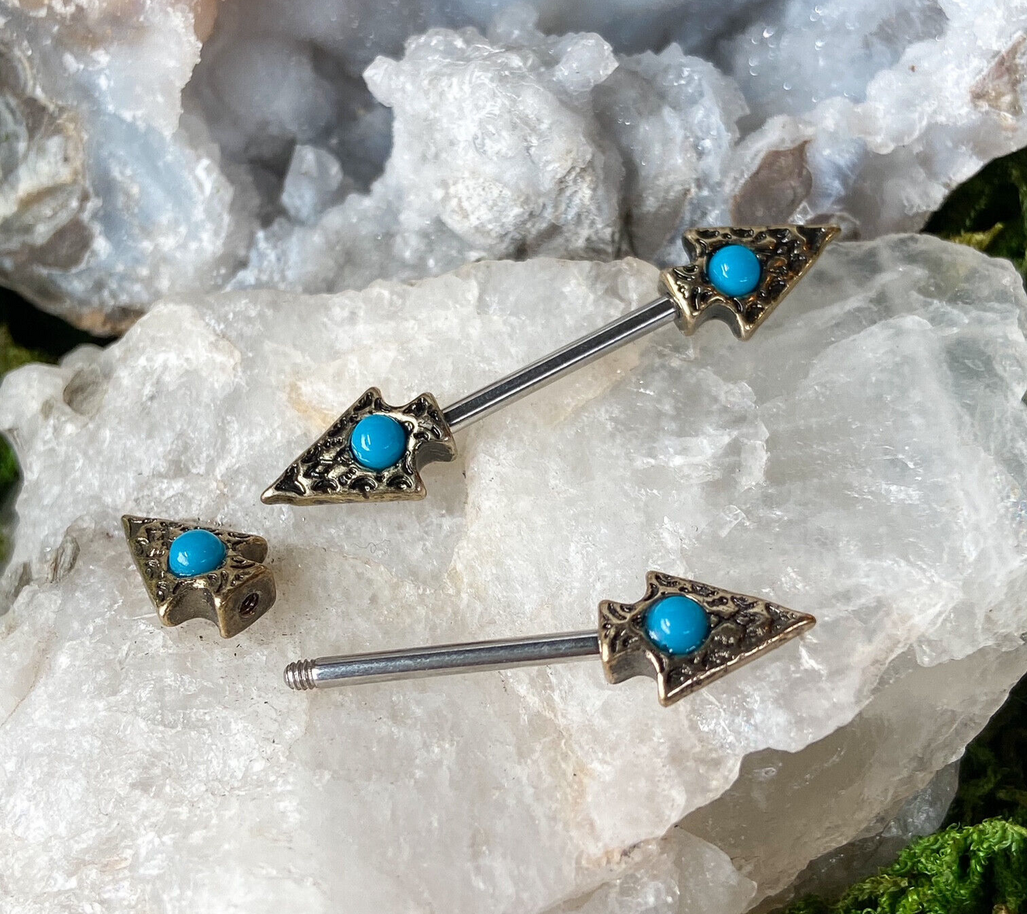 PAIR Tribal Spear w/ Turquoise Nipple Barbells Rings Body Jewelry 14g 14mm bar
