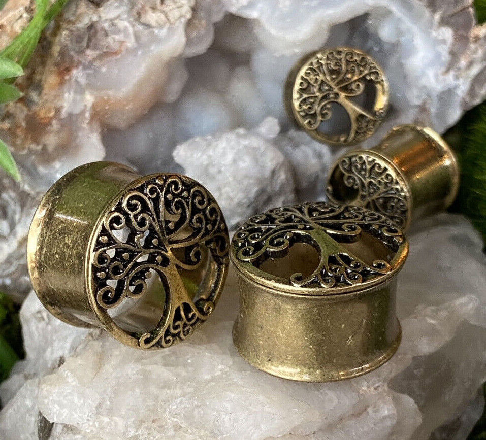 PAIR Antique Gold Tree of Life Design Tunnels Plugs Earlets Gauges Body Jewelry
