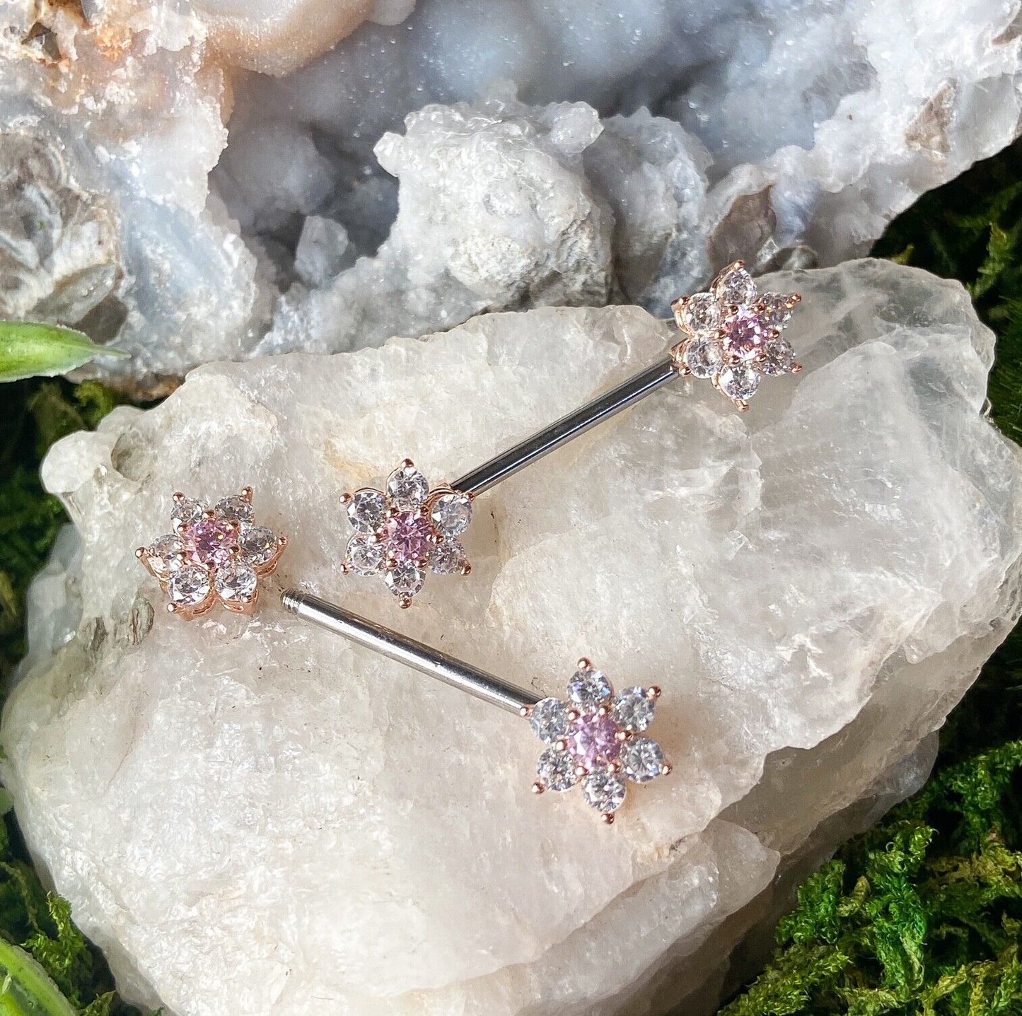 PAIR CZ Gem Flower 14g Nipple Ring Barbells Shields Body Piercing Jewelry