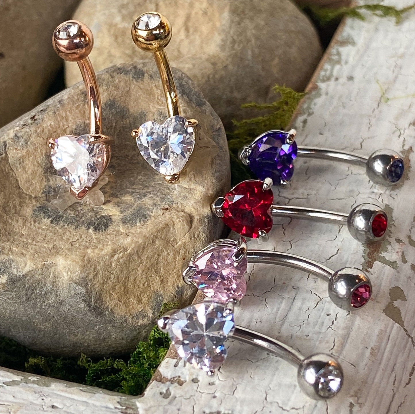 1pc Double Gemmed Heart CZ Gem Prong Set Solitaire Belly Ring Navel Naval