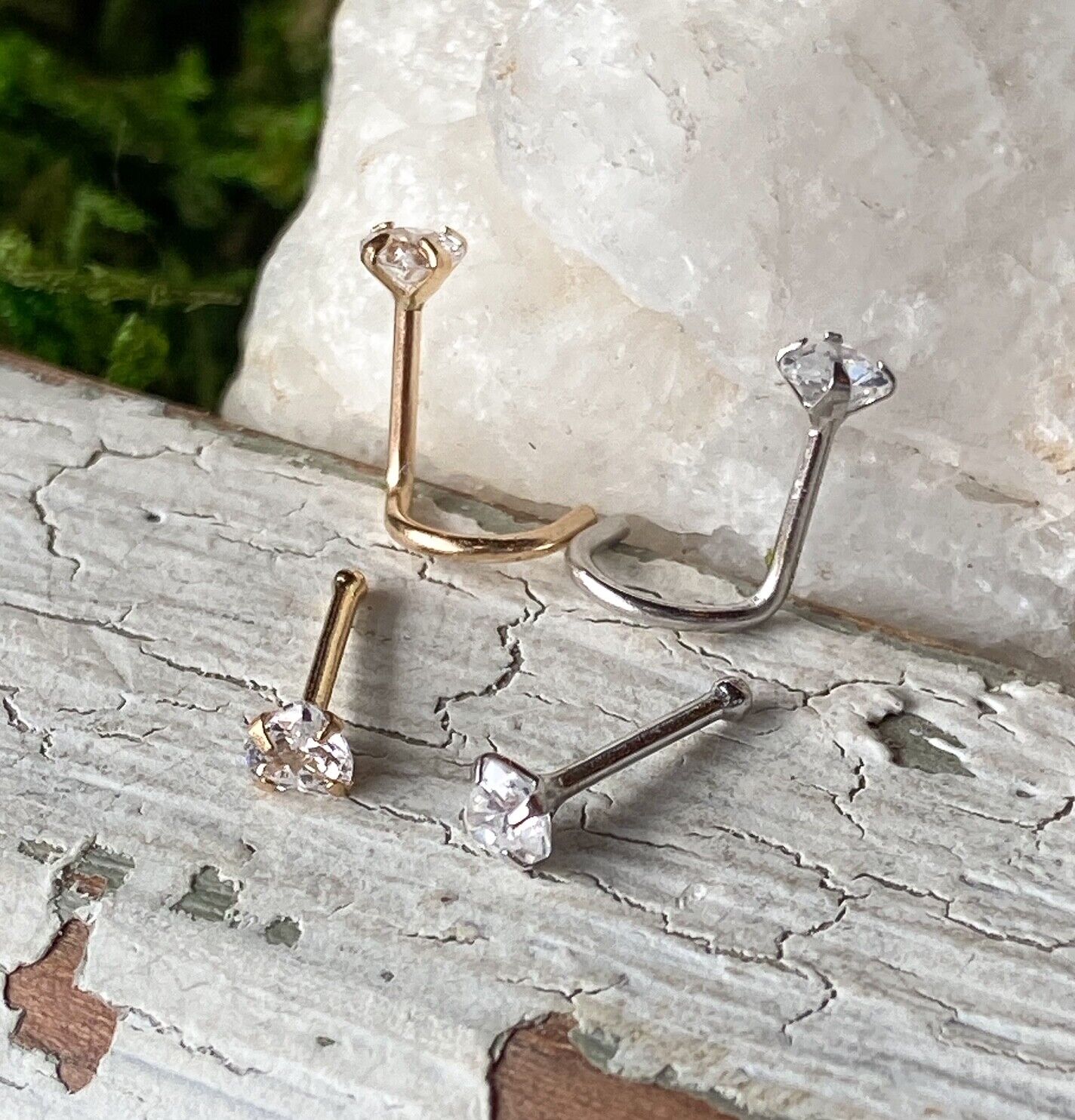 14kt Solid Gold Nose Ring w/CZ Gem Heart 20g 20 gauge stud screw bone white