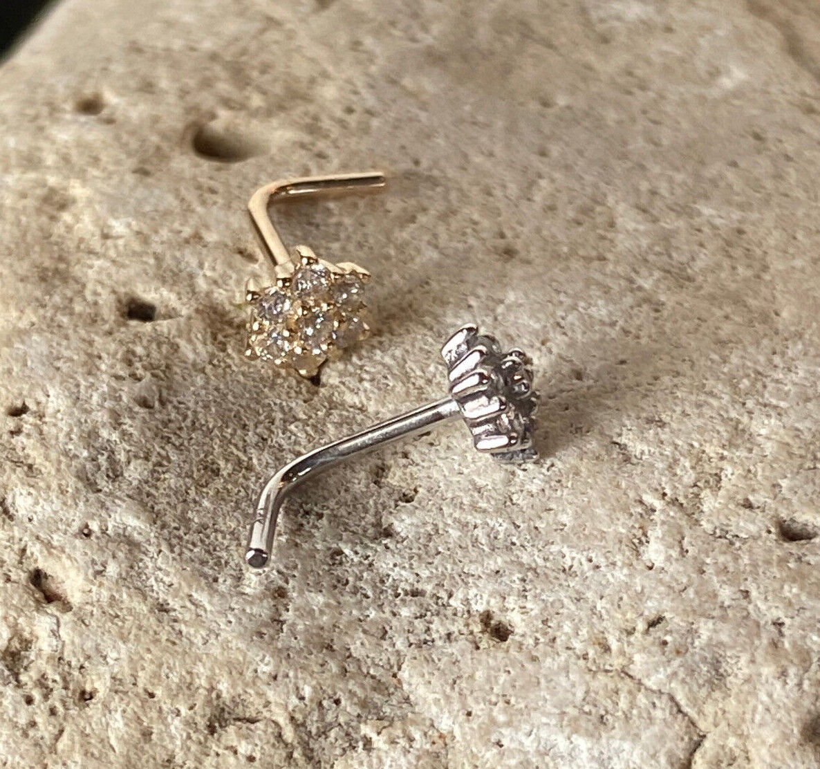 14kt Solid Yellow or White Gold Cluster Flower L-Bend Nose Ring Stud Screw 20g Nostril