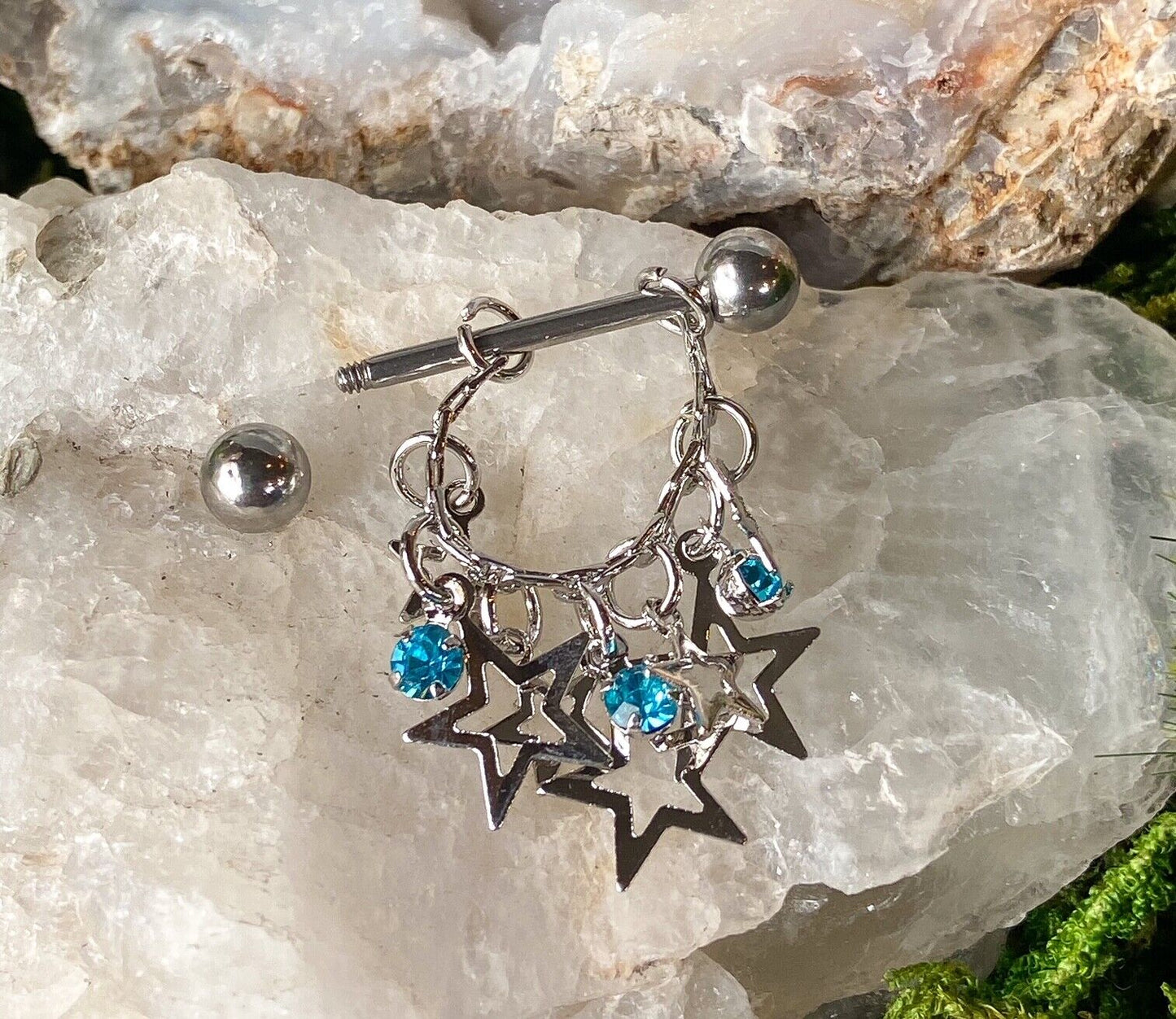 PAIR 14g Falling Stars Gem Nipple Rings Shields Barbells Body Piercing Jewelry