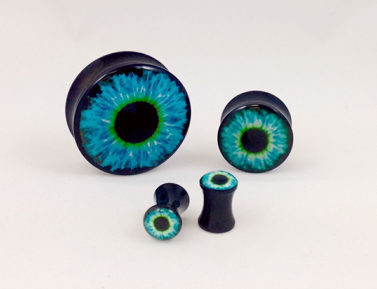 PAIR Blue Eyeball Plugs Eye Ball Logo Double Flare Saddle Guages Gauges