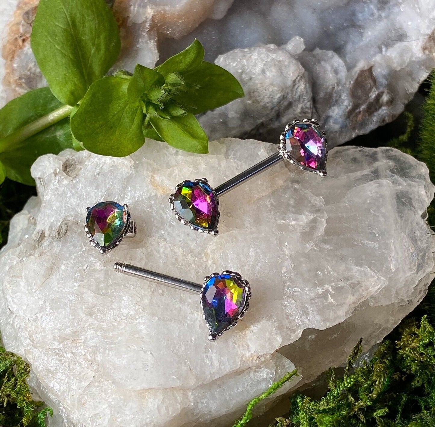 PAIR Aurora Borealis Effect Crystal Gem Tear Drop Nipple Rings Shield Barbells