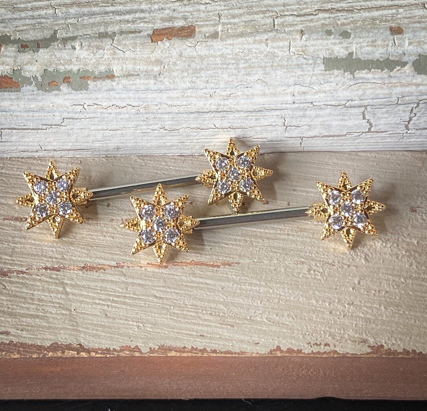 PAIR CZ Paved Starburst Star Nipple Rings Shields Pierced Body Piercing Jewelry