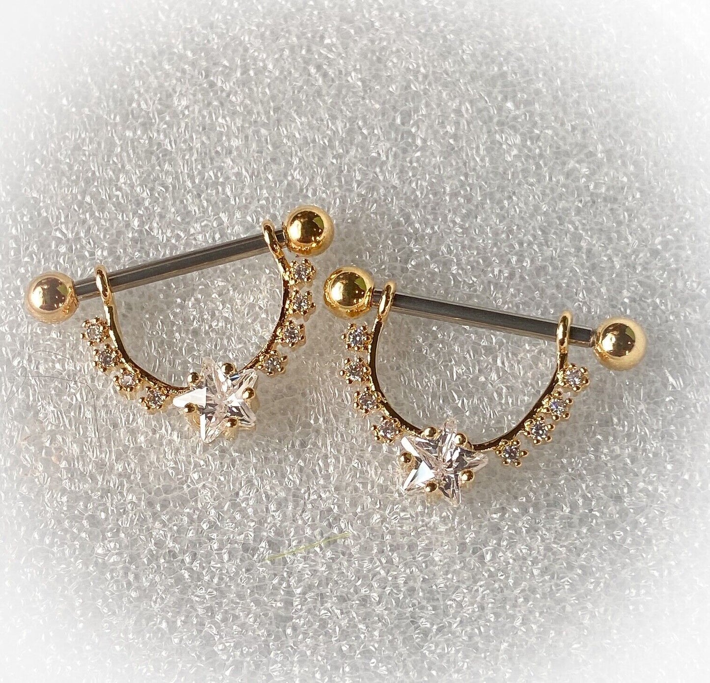PAIR CZ Gem Star Center Dangle Nipple Ring Shields Pierced Body Piercing Jewelry
