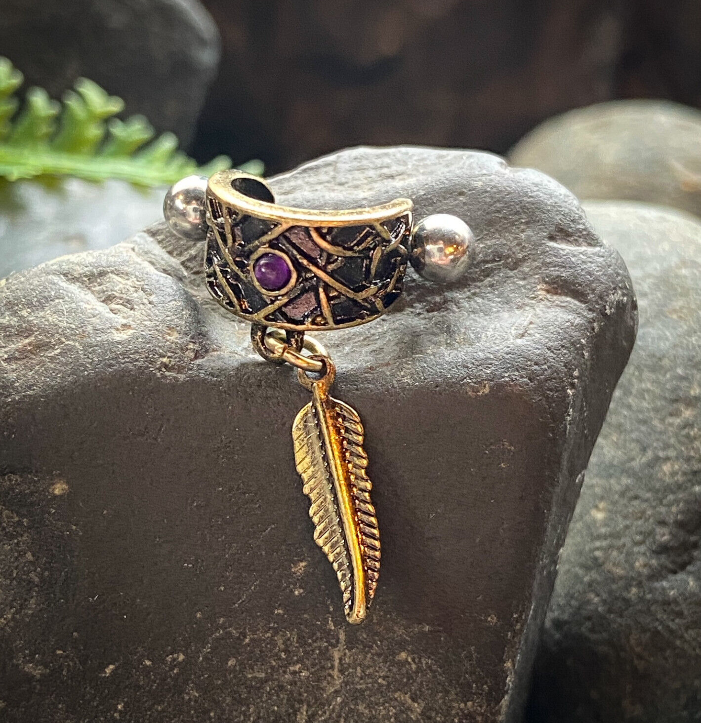 Tribal Net Feather Dangle & Opal Ear Cartilage Ring Helix Cuff Piercing Jewelry