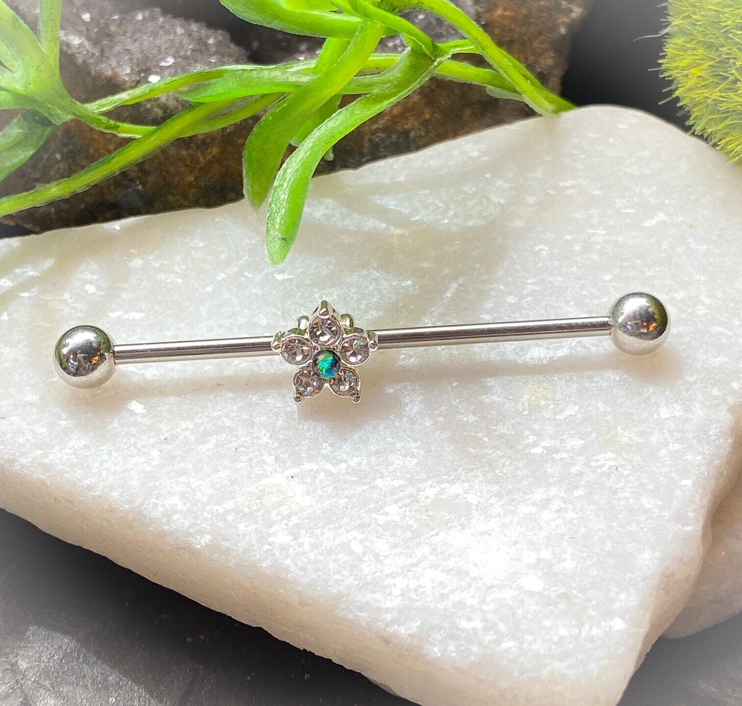 1pc Opal Glitter Centered CZ Gem Flower Industrial Barbell 14g 1.5" 1&1/2" 38mm