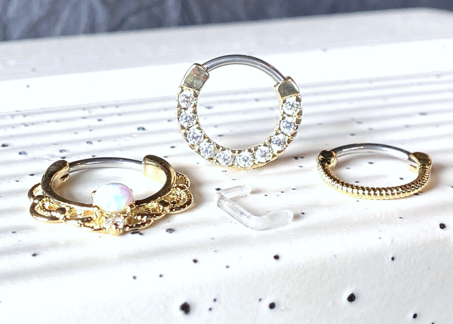 3pc Value Pack: 16g Opal / CZ Gem / Rope Septum Clicker Rings, w/free Retainer!