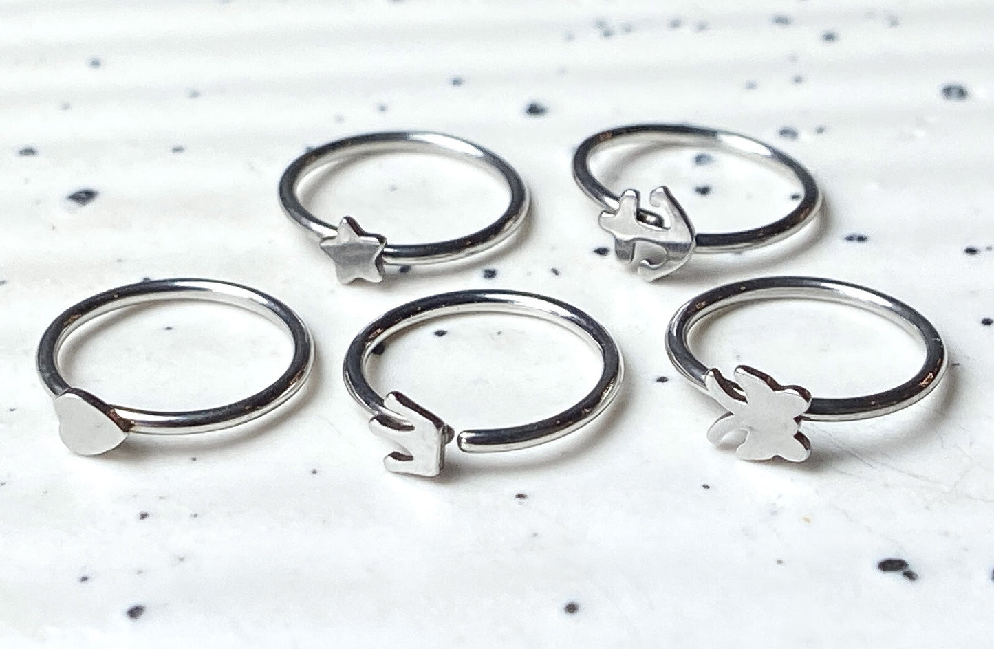 5pcs Nose Hoop Rook Daith Helix Tragus Rings - Anchor Crown Heart Star Butterfly
