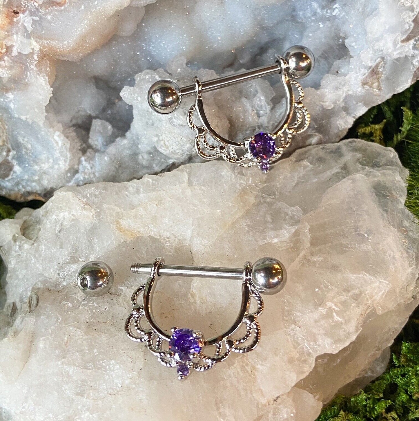 PAIR CZ Center Lacey Filigree Drop Nipple Shields Rings Body Jewelry